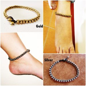 Silver, Gold Beads Anklet Waxed Cotton Cord Wax String  Thailand Jewelry. (JA1001)