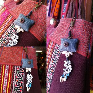 Square Denim Fabric keychains, Bag Accessory Decorate with Shell & Beads Handmade. (AC1057)