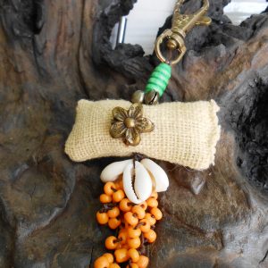 Rectangle Natural Hemp Fabric keychains, Bag Accessory Decorate with Shell & Colorful Beads Handicraft. (AC1056)