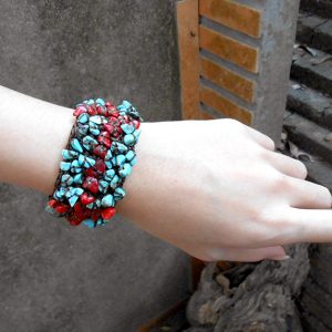 Turquoise and Red Stones, Bracelet Handmade, Cuff Bracelet, Crochet Wax String Jewelry. JB1004