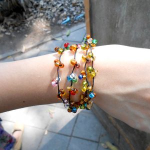 Colorful Glass beads, Wax String Bracelet Handmade Jewelry, Brass Coins. (JB1007)