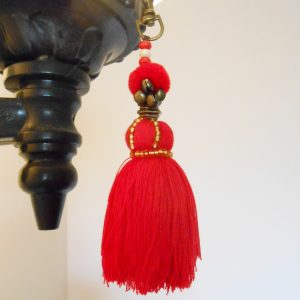 Handmade Vintage Key chain Red Pom Poms and Tassel, Bag Accessory Decoration Handmade. (AC1023-RE)