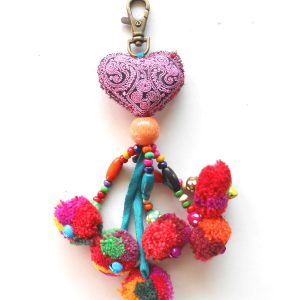 Heart Hanging Little Pom Poms Keychain Zip Pull Bag Accessory Decoration by Handmade. (AC1007)