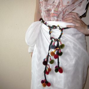 Hippy Boho Belt Wrapped Necklace Hair Accessories w/ Pom Poms Shell Beads Handmade Tribal Style (AC1103-MU)