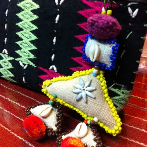 Beautiful Handmade keychains Natural Hemp Fabric, Bag Accessory, Pom poms, Shell & Beaded decorations. (AC1060)