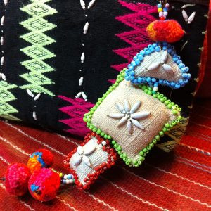 Beautiful Handmade keychains Natural Hemp Fabric , Bag Accessory, Pom poms, Shell & Beaded decorations. (AC1059)