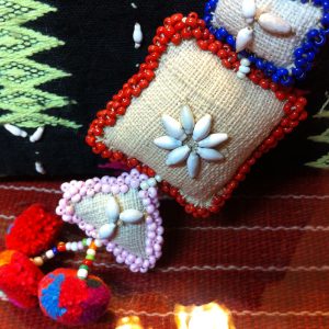 Beautiful Handmade keychains Natural Hemp Fabric , Bag Accessory, Pom poms, Shell & Beaded decorations. (AC1058)