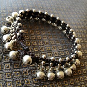Beautiful Silver Beads and Little Bells Bracelet, Waxed Cotton Cord, Adjustable Size, Thailand Handmade Jewelry. JB1035-SI