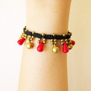 Red Coral Bead Bracelet with brass beads, Adjustable Size, Wax String Bracelet Handmade Jewelry. JB1051-RE