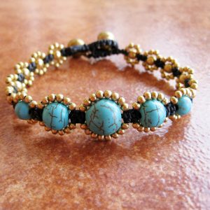 Blue Turquoise Bead 5 Round Ball Bracelet with brass beads, Adjustable Size, Wax String Bracelet Handmade Jewelry. JB1053-TU