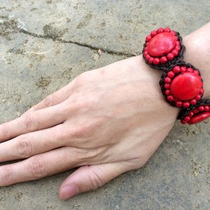 Circle Red Stones Bracelet Handmade, Cuff Bracelet, Crochet Wax String Jewelry. JB1040-RE