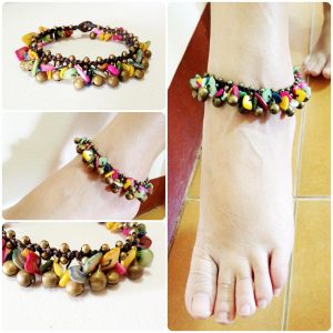 Colorful Sea Shells Anklet with Brass Bells, Wax String Anklet Handmade, Thailand Jewelry. JA1004
