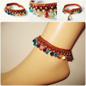 Colorful Bubble Beads with Brass Beads Anklet Waxed Cotton Cord Bohemian Handmade Thailand Jewelry. JA1012