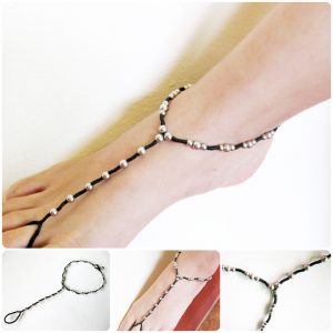 Anklet-toe-Ring, Barefoot Sandals - footwear, Silver Bead, Wax Cord, Bohemian, Anklets Handmade Thailand Jewelry. JA1014