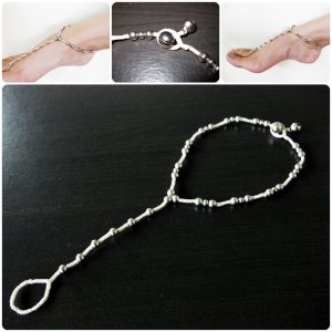 Adorable Anklet-toe-Ring, Barefoot Sandals - footwear, Silver Bead, Wax Cord, Bohemian, Handmade Thailand Jewelry. JA1015