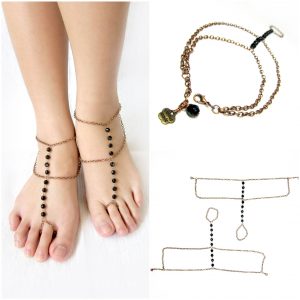 Anklet Toe Ring, Barefoot Sandals, Footwear, Foot slave with Black Bead and Brass chain Adjustable Feet Accessories JA1024
