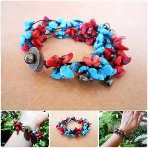 Turquoise and Red Coral with Little Bells, Wax String Bracelet Handmade Jewelry, Brass Coins. JB1020