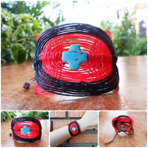 Red & Black with Turquoise Beads Stone Waxed Cotton Cord Bracelet Adjustable Size, Wax String Bracelet Handmade Jewelry. JB1029