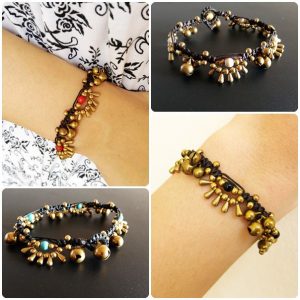 Beautiful Brass Beads Bracelet, Waxed Cotton Cord, Adjustable Size, Wax String Bracelet Handmade Jewelry. (JB1033)