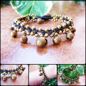 Beautiful Brass Bell Bracelet with Brass Bells & Beads, Adjustable Size, Wax String Handmade Jewelry. JB1038