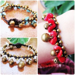 Beautiful Stones Bracelet with Brass Bells, Adjustable Size, Wax String Bracelet Handmade Jewelry. JB1039