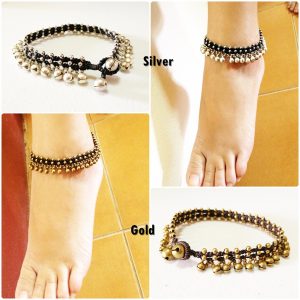 Brass and Silver Anklets Waxed Cotton Cord Bohemian Adjustable Size, Anklets Handmade, Thailand Jewelry. (JA1002)