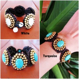 Ovals Turquoise, White Stone / brass beaded Bracelet Handmade, Crochet Wax String Jewelry. (JB1042)