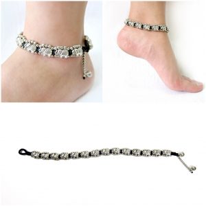 Silver Anklet Adjustable Size, Wax String with Elephant Beads Handmade Hmong Thailand Jewelry. JA1072