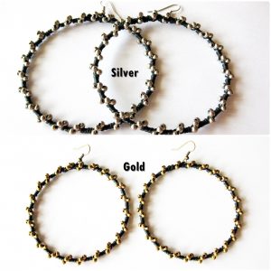 Big Hoop Dangle Earrings with Brass, Silver Beaded and Wax Cord, Jewelry Thailand Handmade. (JE1019)