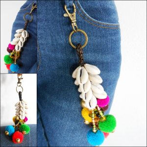 Hmong Shell Keychain with Colorful Pom poms & Brass Bells Holder, Zip Pull Bag Accessories Handmade. (AC1066)