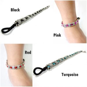 Silver Anklet Adjustable Size, Wax String with Beads Handmade Hmong Thailand Jewelry. JA1071