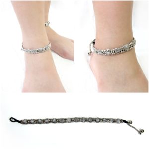 Silver Anklets Adjustable Size, Wax String with Charm Beads Handmade Hmong Thailand Jewelry. JA1074