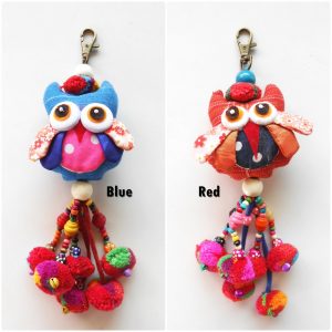 Blue or Red Owl Hanging Little Pom Poms Key chain Zip Pull Bag Accessory Decoration by Handmade. (AC1006)