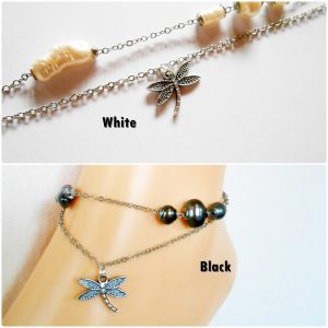 Freshwater Pearls Silver Chain Anklet with Little Dragonfly Pendent Handmade (JA1019)