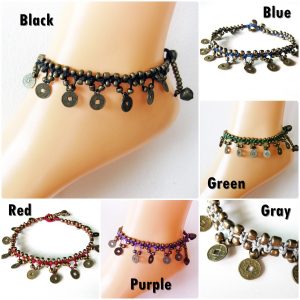 Boho Brass Coins Macrame Anklet, Adjustable Size, Wax String Handmade Anklets, Thailand Jewelry. (JA1010)