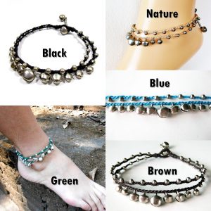 Silver Bells Anklet Waxed Cotton Cord, Bohemian, Anklets Handmade Thailand Jewelry. (JA1009)