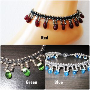 Glass Beads and Silver Beads Anklet Waxed Cotton Cord Bohemian, Handmade Thailand Jewelry. (JA1007)