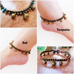 Brass Balls and Beads Stone Anklet, Adjustable Size, Wax String Anklet Handmade, Thailand Jewelry. (JA1006)