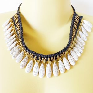 Necklace with Drop Tears, Antique Brass, Stone, Choker, Handmade, Thailand Jewelry. (JN1011)