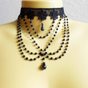 Victoria Gothic Lace with Black or Multi Crystals, Handmade Choker Necklace Jewelry. (JN1018)