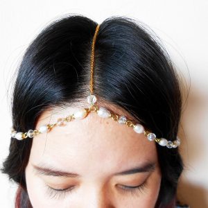 Hair Chain Accessory, Gold Chain with Pearls and Crystal Beads, Head Chain, Head Piece, Hair Jewelry. JH1004