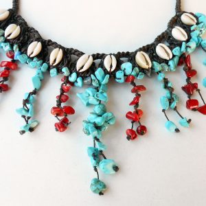 Turquoise Beads Stone Necklace Wax Thread with nice Shells, Boho Hippie Style, Pendent, Thailand Handmade Jewelry. JN1021