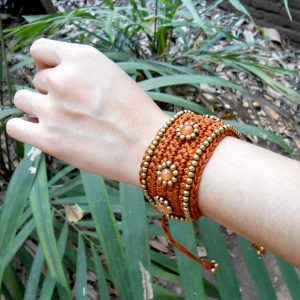 Waxed Cotton Cord Bracelet with Brass Beads & Stones Adjustable Size Wax String Cuff Handmade Jewelry. (JB1057)