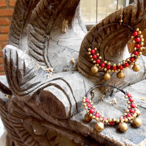 Boho Earrings Jingle Bells with Red bead stone Handmade, Jewelry. JE1028-RE