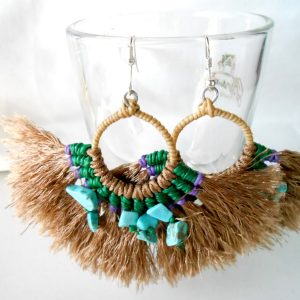 Dangle Earrings, Large Hoop Tassel, Decoration with Stone Native Style, Handmade. (JE1050)
