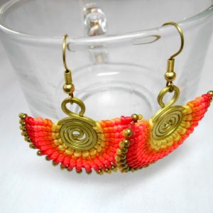 Dangle Earrings Colorful Crochet Wax Cord with Brass Beads, Jewelry Hmong Thailand Handmade (JE1062)