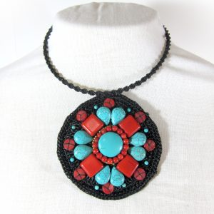 Circle Choker Weave Turquoise and Red Stone Necklace / Waxed Cotton Thailand Handmade Jewelry. JN1030-TURE