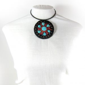 Circle Choker Weave Turquoise and Red Stone Necklace / Waxed Cotton Thailand Handmade Jewelry. JN1031-TURE