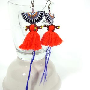 Dangle Earrings Colorful Tassel with Fabric, Jewelry Semicircle Doll Hmong Hilltribe of Thailand Handmade. JE1073