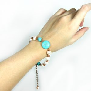 Turquoise Stone and White Pearl with brass Chain, Adjustable Size, Chain Bracelet Handmade Jewelry. JB1077